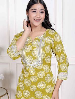   women's lime yellow block printed kurta with palazzo 3