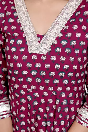   women maroon floral print soft cotton embroidered anarkali kurta