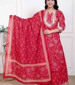Miravan red floral print embroidered cotton  straight kurta with palazzo & dupatta