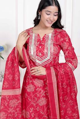   red floral print embroidered cotton  straight kurta with palazzo & dupatta 4