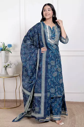   women's gota patti cotton kurta paired with palazzo and dupatta