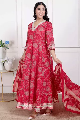   women's red embroidered anarkali kurta and dupatta  