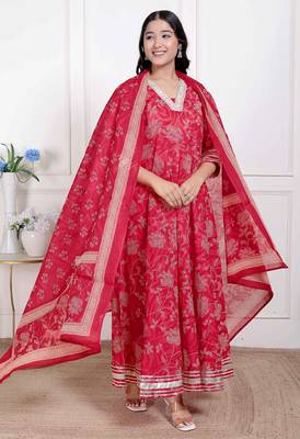   women's red embroidered anarkali kurta and dupatta   4