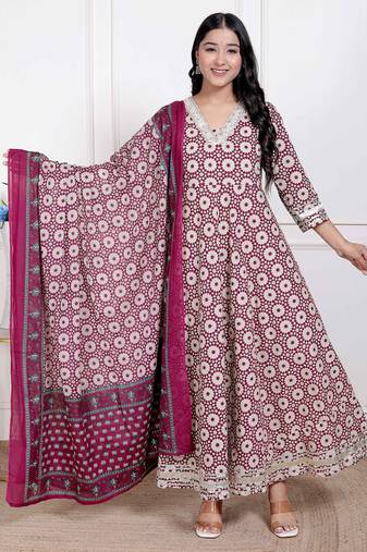 Miravan women's cream embroidered cotton anarkali kurta and dupatta