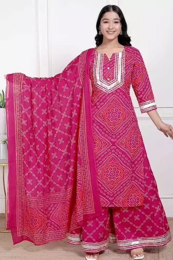 Miravan women's pink bandhani printed straight kurta with palazzo & dupatta