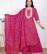 Miravan women's pink bandhani printed straight kurta with palazzo & dupatta