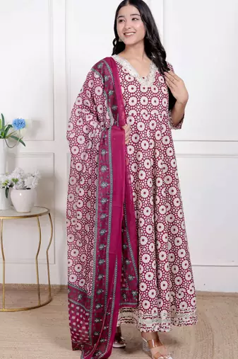 Miravan women's cream embroidered cotton anarkali kurta and dupatta