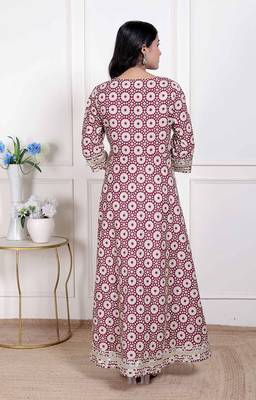 Miravan women's cream embroidered cotton anarkali kurta and dupatta 4