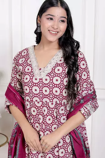 Miravan women's cream embroidered cotton anarkali kurta and dupatta