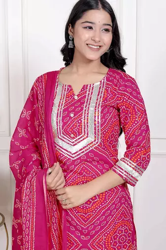   women's pink bandhani printed straight kurta with palazzo & dupatta