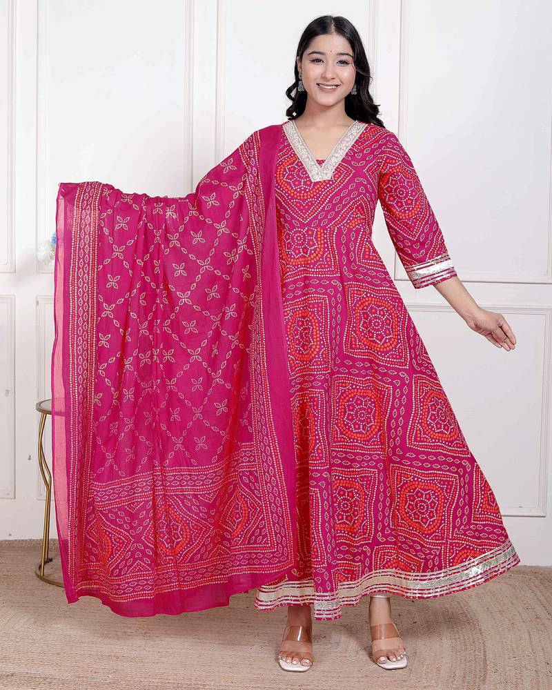 Miravan women's bandhani ethnic anarkali kurta  and dupatta
