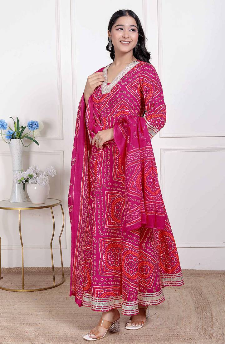 Miravan women's bandhani ethnic anarkali kurta  and dupatta