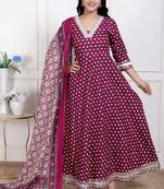 Miravan women's maroon embroidered anarkali kurta and dupatta