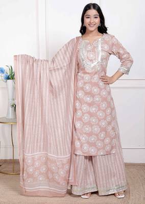   women brown floral printed cotton straight ethnic kurta with palazzo and dupatta 1