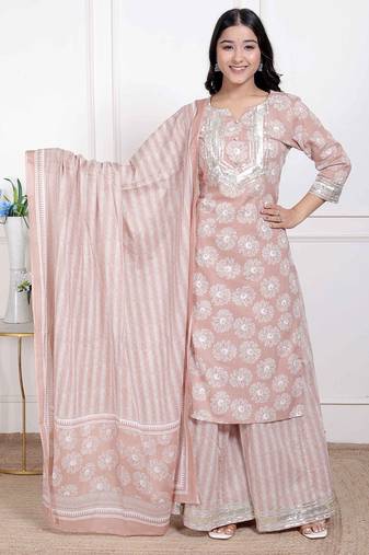 Miravan women brown floral printed cotton straight ethnic kurta with palazzo and dupatta