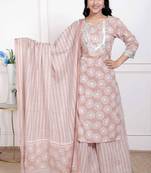Miravan women brown floral printed cotton straight ethnic kurta with palazzo and dupatta