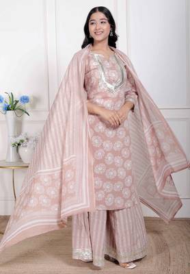   women brown floral printed cotton straight ethnic kurta with palazzo and dupatta 2