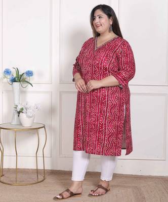  womens plus size bandhej printed rayon kurta magenta 3