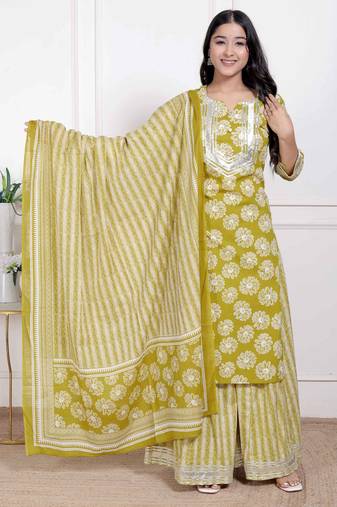 Miravan women's lime yellow embroidered straight kurta with palazzo and dupatta