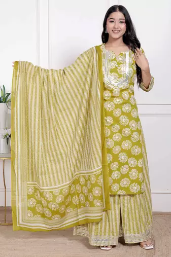 Miravan women's lime yellow embroidered straight kurta with palazzo and dupatta
