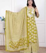 Miravan women's lime yellow embroidered straight kurta with palazzo and dupatta