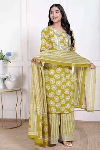   women's lime yellow embroidered straight kurta with palazzo and dupatta
