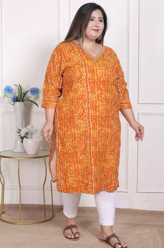   womens plus size yellow bandhani printed straight kurta