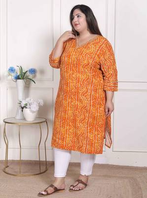   womens plus size yellow bandhani printed straight kurta 3