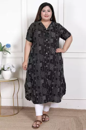 Miravan womens plus size pure cotton black floral printed front button a-line kurta