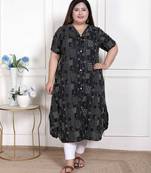 Miravan womens plus size pure cotton black floral printed front button a-line kurta