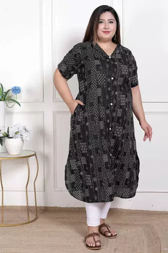   womens plus size pure cotton black floral printed front button a-line kurta