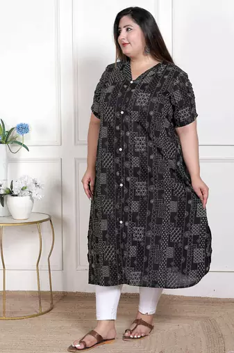   womens plus size pure cotton black floral printed front button a-line kurta