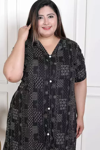   womens plus size pure cotton black floral printed front button a-line kurta