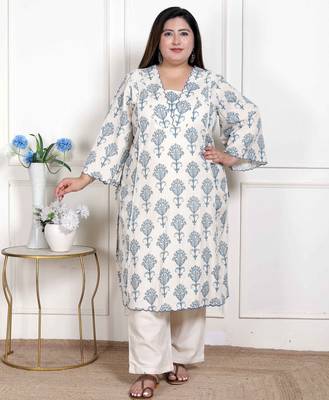   womens plus size off white floral printed cotton flex kurta with pant 1