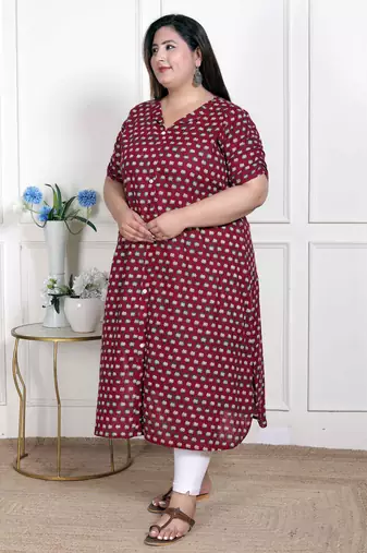   womens plus size relaxed fit red floral printed a-line pure cotton kurta