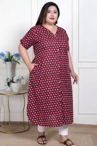   womens plus size relaxed fit red floral printed a-line pure cotton kurta