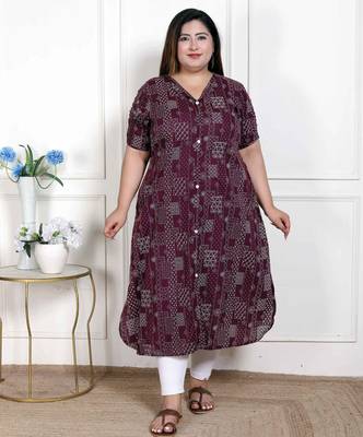   womens plus size wine mandarin neck floral printed a-line party wear kurta 1