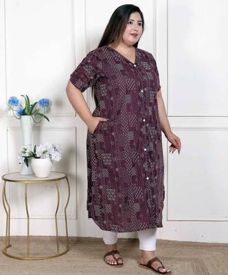   womens plus size wine mandarin neck floral printed a-line party wear kurta 2