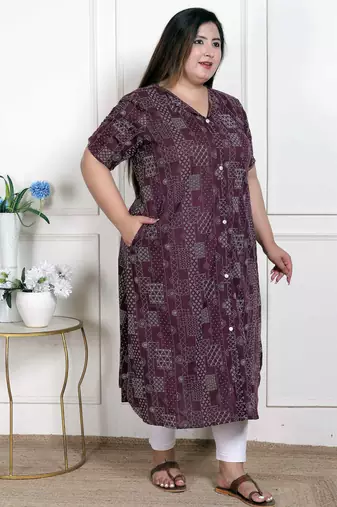   womens plus size wine mandarin neck floral printed a-line party wear kurta