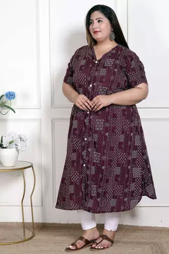   womens plus size wine mandarin neck floral printed a-line party wear kurta