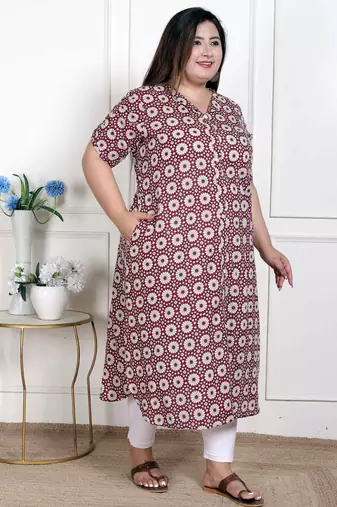   womens plus size cotton floral printed cream a-line kurta with buttons