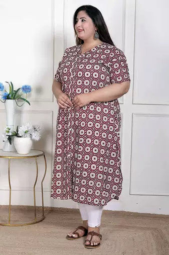   womens plus size cotton floral printed cream a-line kurta with buttons