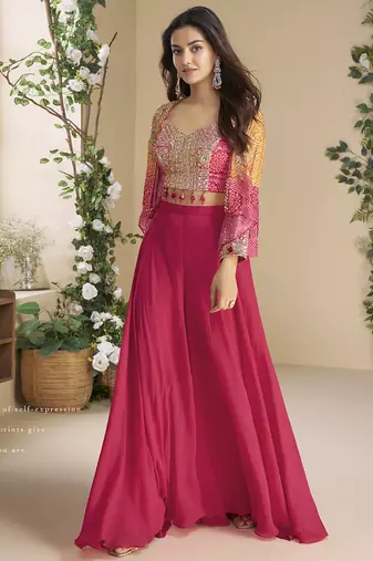Pink chinon silk embroidered western plazzo suit