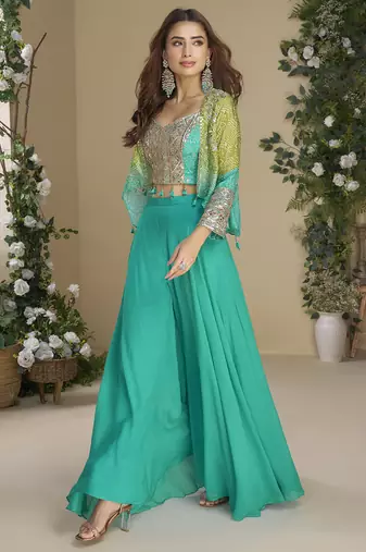 Turquoise chinon silk embroidered western plazzo suit