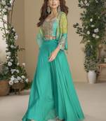 Turquoise chinon silk embroidered western Palazzo suit