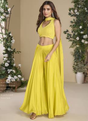 Yellow chinon silk embroidered western Palazzo suit 1