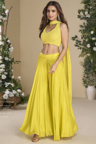 Yellow chinon silk embroidered western plazzo suit