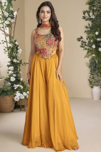 Mustard chinon silk embroidered western plazzo suit