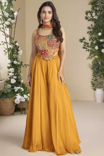 Mustard chinon silk embroidered western plazzo suit