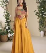 Mustard chinon silk embroidered western Palazzo suit